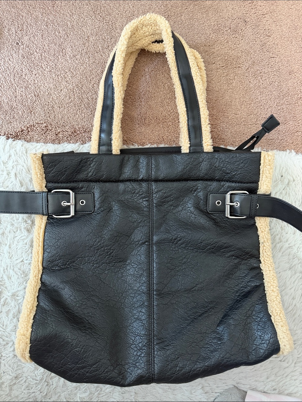 Fashion Nova Black Tote with Cream Shearling Trim